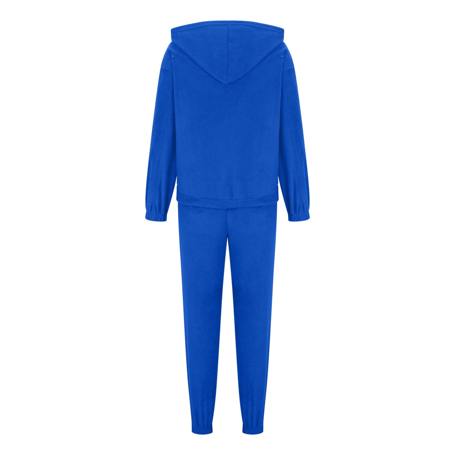 Royal blue fleece hoodie and jogger set with drawstring hood and elastic cuffs.