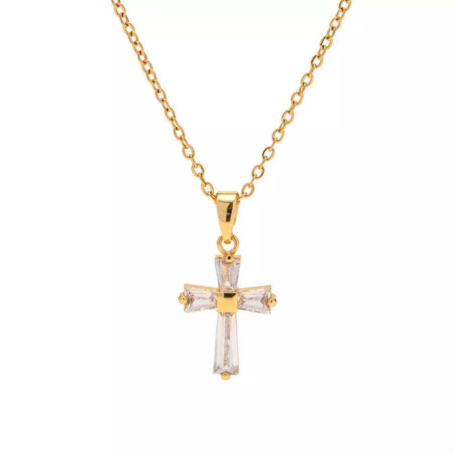 18k Gold-plated Stainless Steel Zircon Cross Necklace in clear with cross pendant
