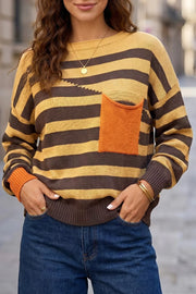 mustard yellow pullover sweater with striped and crew neck
