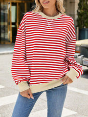 Red and white striped crew neck sweatshirt with beige trim and cuffs.