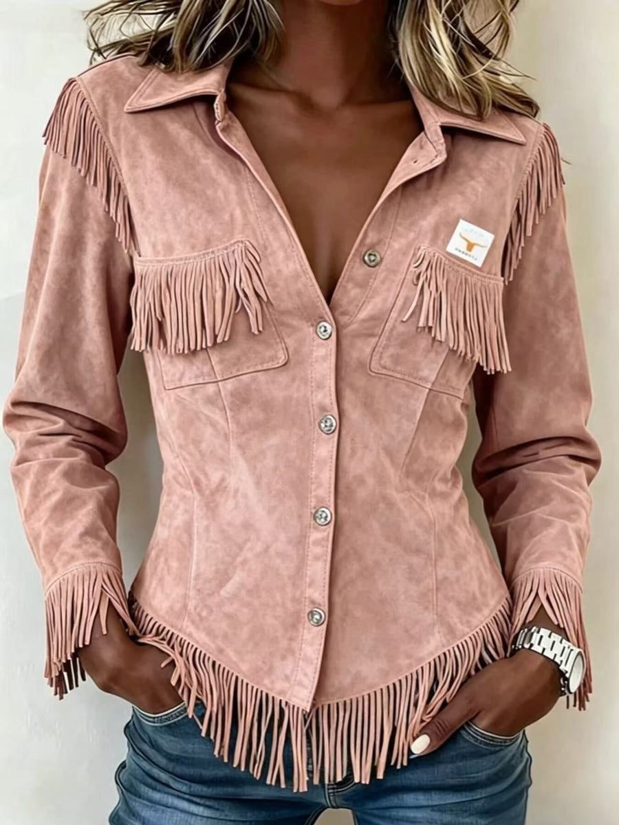 jacket in Dusty Pink with fringe and hip-length