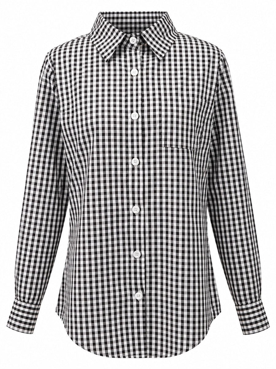 Plus Size Plaid Button-Down Shirt in Dark Blue with pocketed