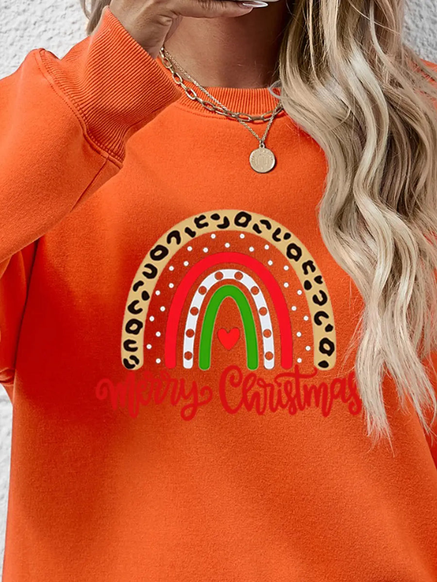 Orange graphic sweatshirt with rainbow and Merry Christmas text