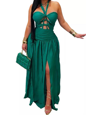 Dark Green fit-and-flare maxi dress with halter