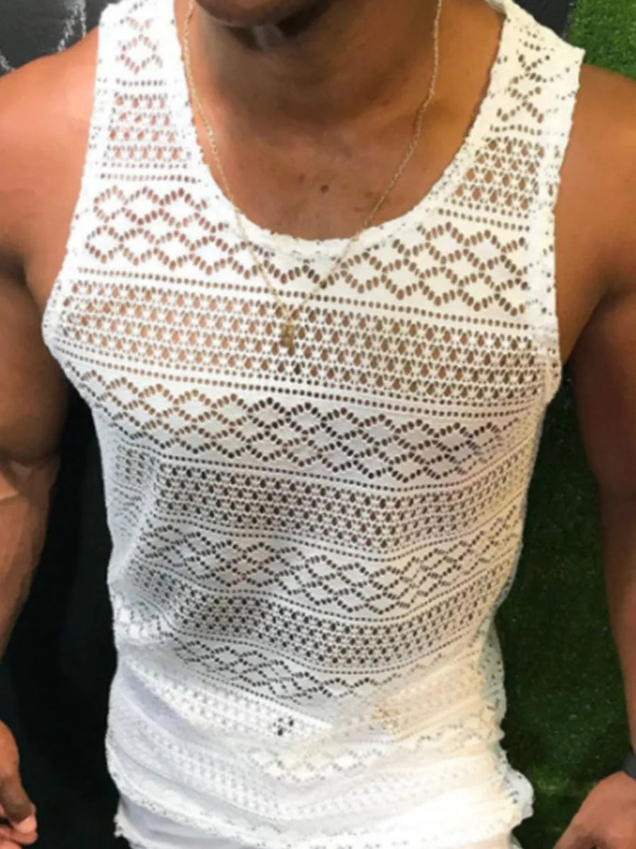 Ivory crochet tank top with geometric pattern and scoop neck.