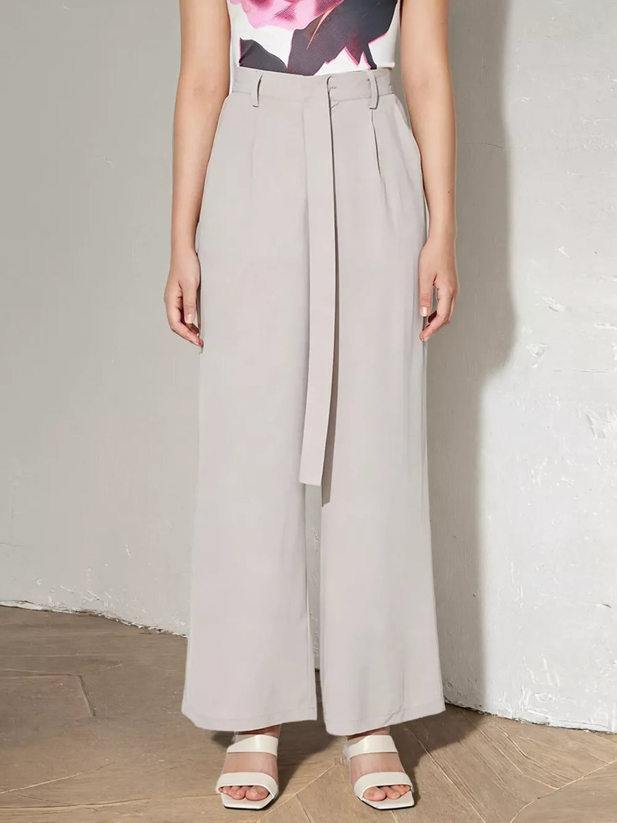 Light gray high-waisted maternity pants with wide legs and a self-tie belt.