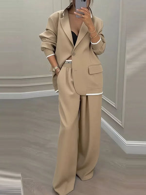 Full Size One Button Blazer And Wide-leg Pants Set in Dark Gray with buttoned