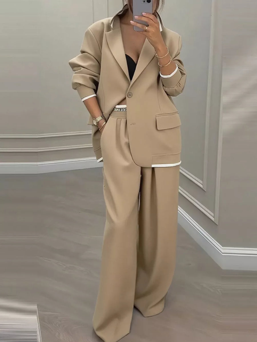 Full Size One Button Blazer And Wide-leg Pants Set in Dark Gray with buttoned