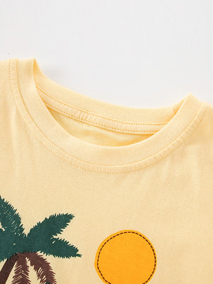 Toddler yellow cotton t-shirt with palm tree and sun graphic detail