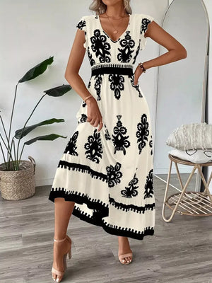 Caramel Ruffled Printed V-neck Maxi Dress