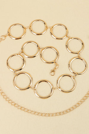 Gold geometric circle waist chain with a lobster clasp and a delicate chain accent.