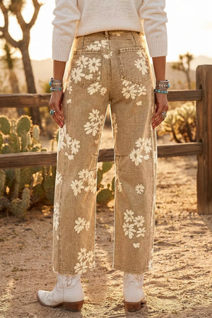 straight jeans in Tan with floral and pocketed