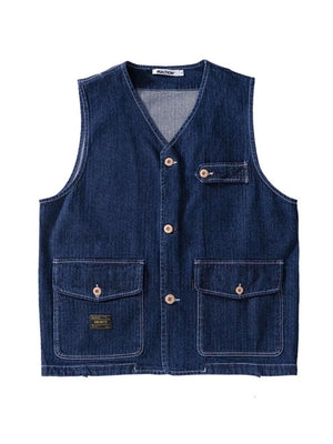 Plus-size navy denim vest with V-neck, button-up front, and four pockets.