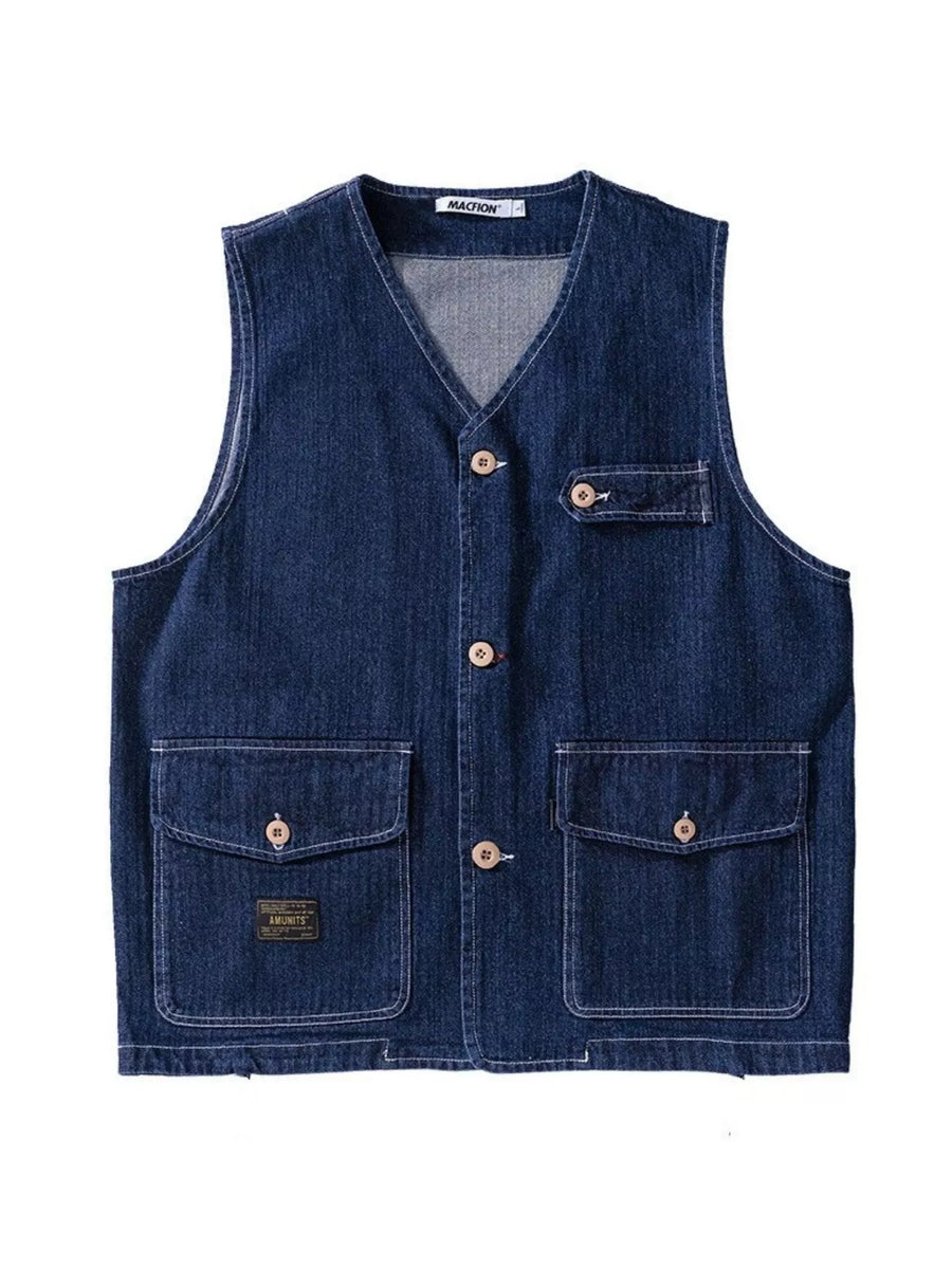Plus-size navy denim vest with V-neck, button-up front, and four pockets.