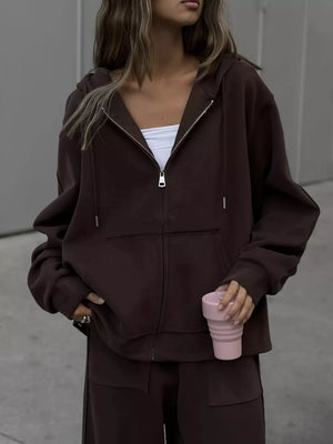 Oversized Zip-up Hoodie And Wide-leg Pants Set in Brown, view 13