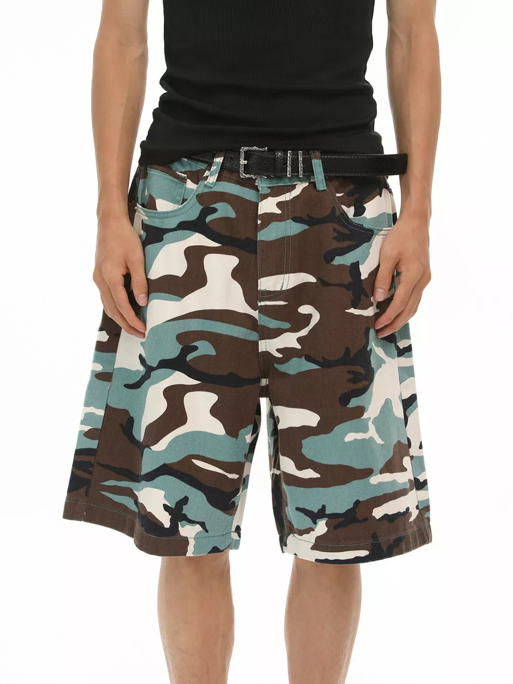 Men's camo denim shorts in brown, blue, and white with a relaxed fit.