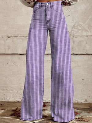 Purple striped high-waisted wide-leg denim jeans with pockets