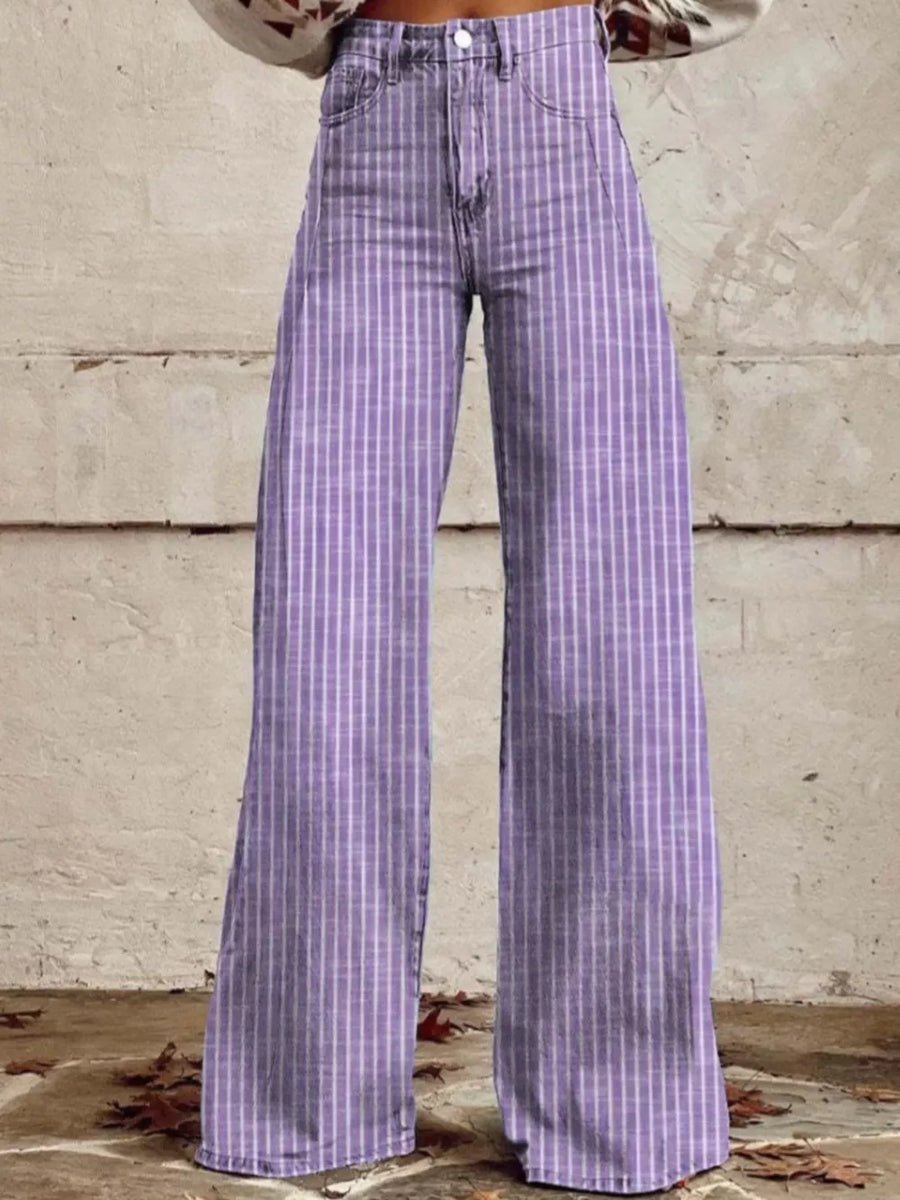 Purple striped high-waisted wide-leg denim jeans with pockets