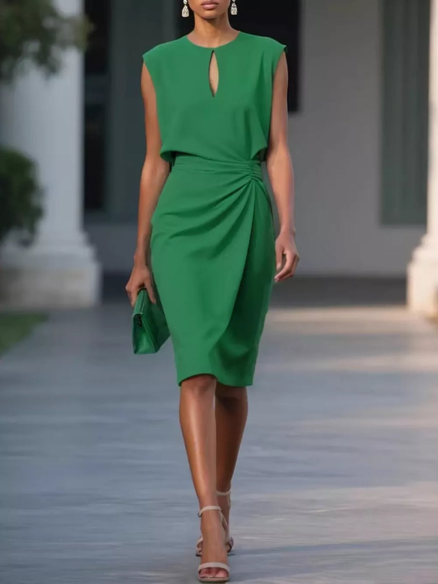 Dark green polyester dress with keyhole neckline and ruched skirt detail