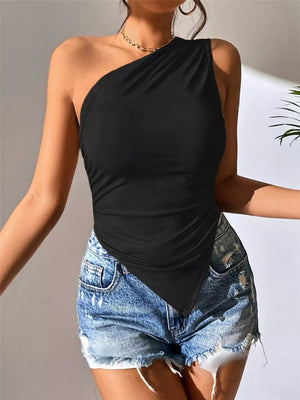 Black asymmetrical ruched tank top with a one-shoulder neckline and draped hem.