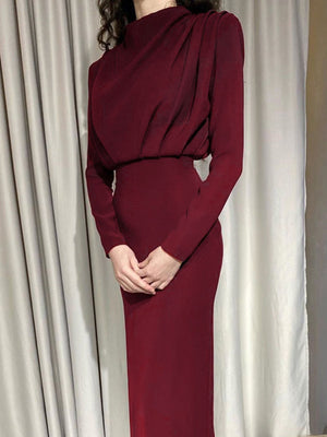 Burgundy mock neck maxi dress with draped bodice and defined waist