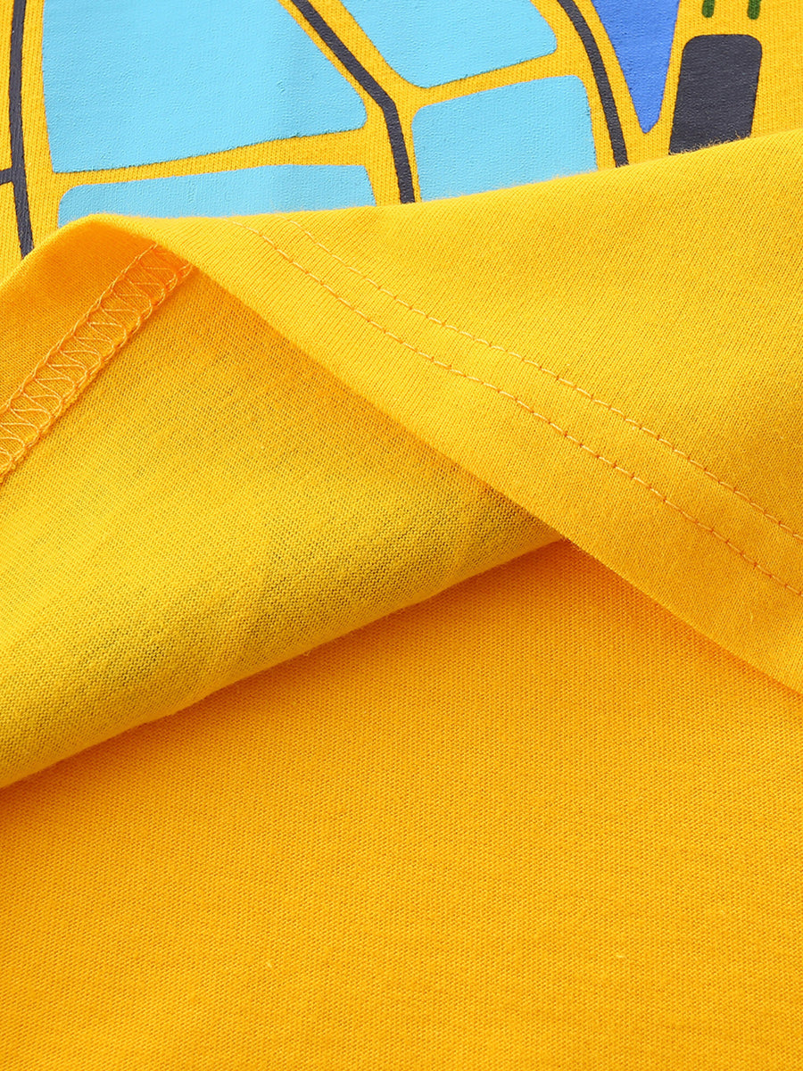 Yellow cotton t-shirt with excavator graphic detail and stitched seams.
