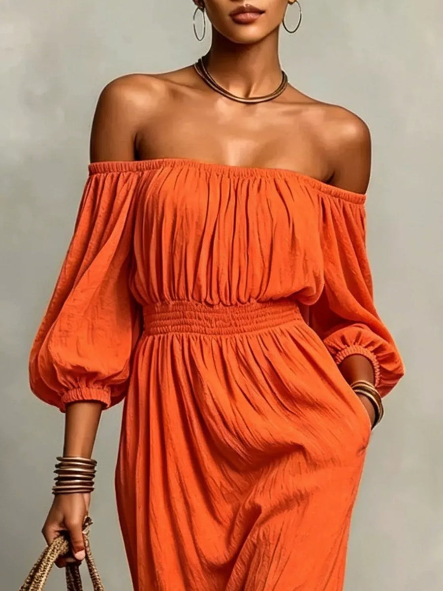 Off-shoulder Smocked Waist Maxi Dress in beige with pocketed