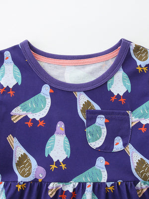 Toddler dress with pigeon print, round neck, short sleeves, and ruffled hem.