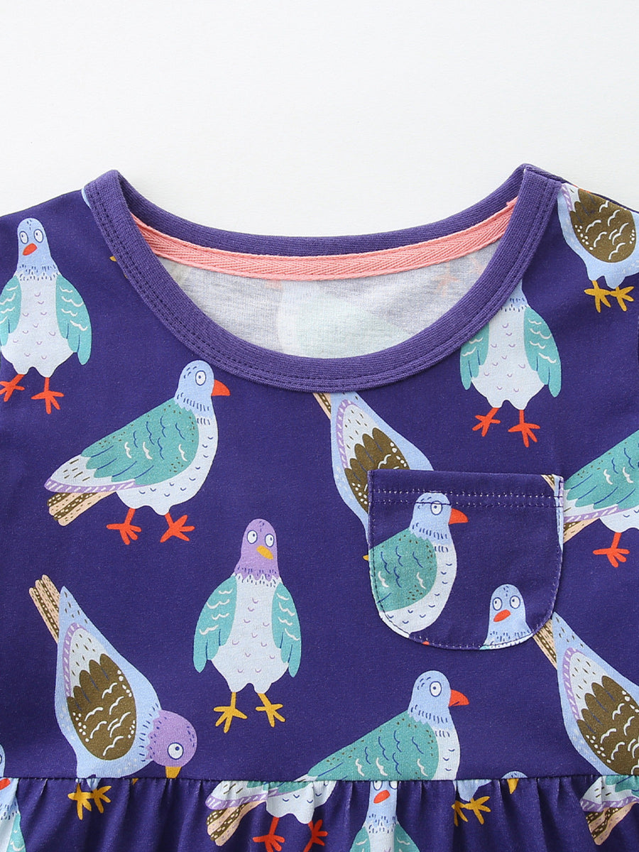 Toddler dress with pigeon print, round neck, short sleeves, and ruffled hem.