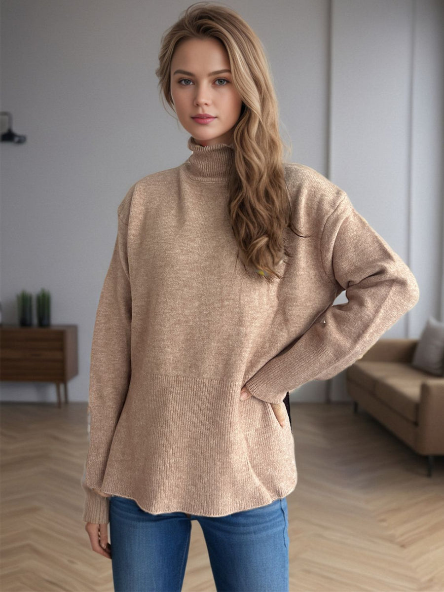 Camel ribbed hemline slit-side turtleneck knit sweater with long sleeves.