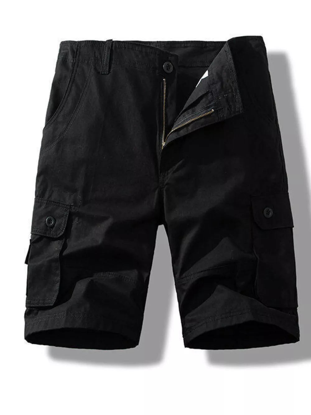 Black men's cargo shorts with button fly and multiple pockets.