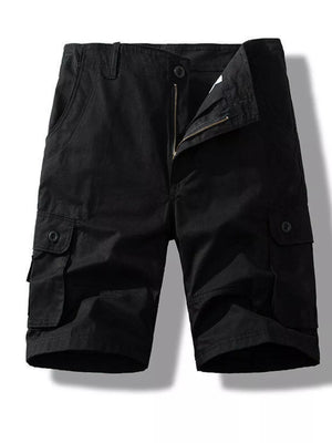 Black men's cargo shorts with button fly and multiple pockets.