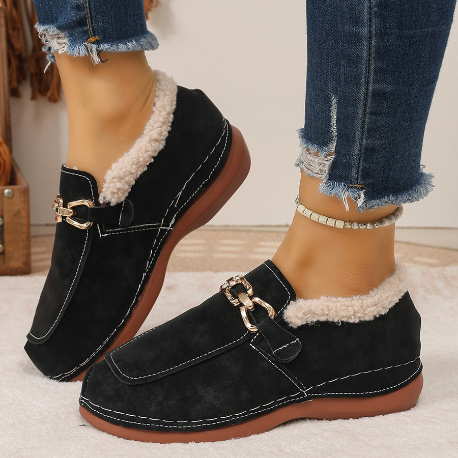 Round Toe Chain Detail Winter Slip-Ons in black with round toe