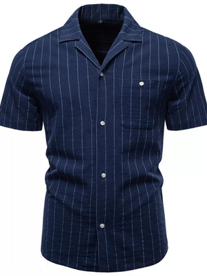 Navy striped short-sleeve cotton shirt with camp collar and chest pocket.