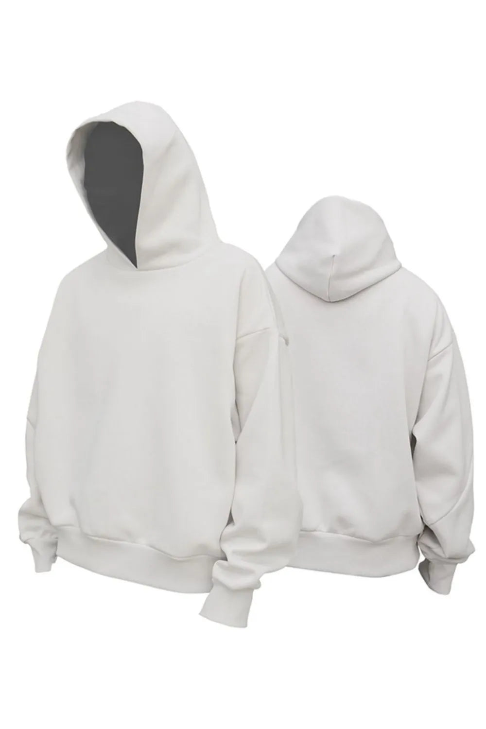 Light gray oversized hooded sweatshirt with drop shoulders and a relaxed fit.