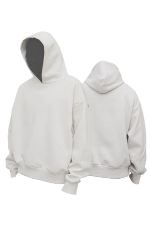 Light gray oversized hooded sweatshirt with drop shoulders and a relaxed fit.