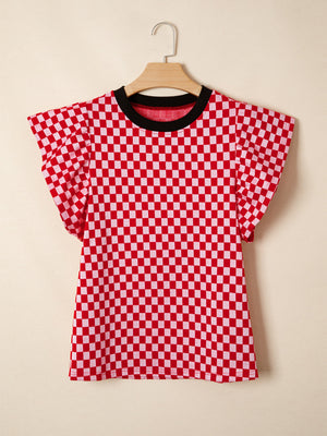 Red and white checkered print t-shirt with ruffle sleeves and black neckline.