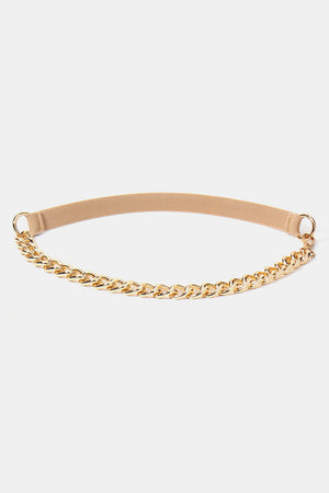 Elastic belt with gold chain detail and gold rings, cream/gold color