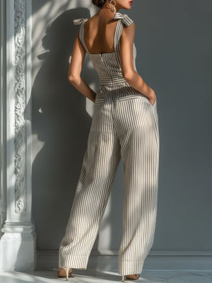 olive green jumpsuit featuring pocketed and striped