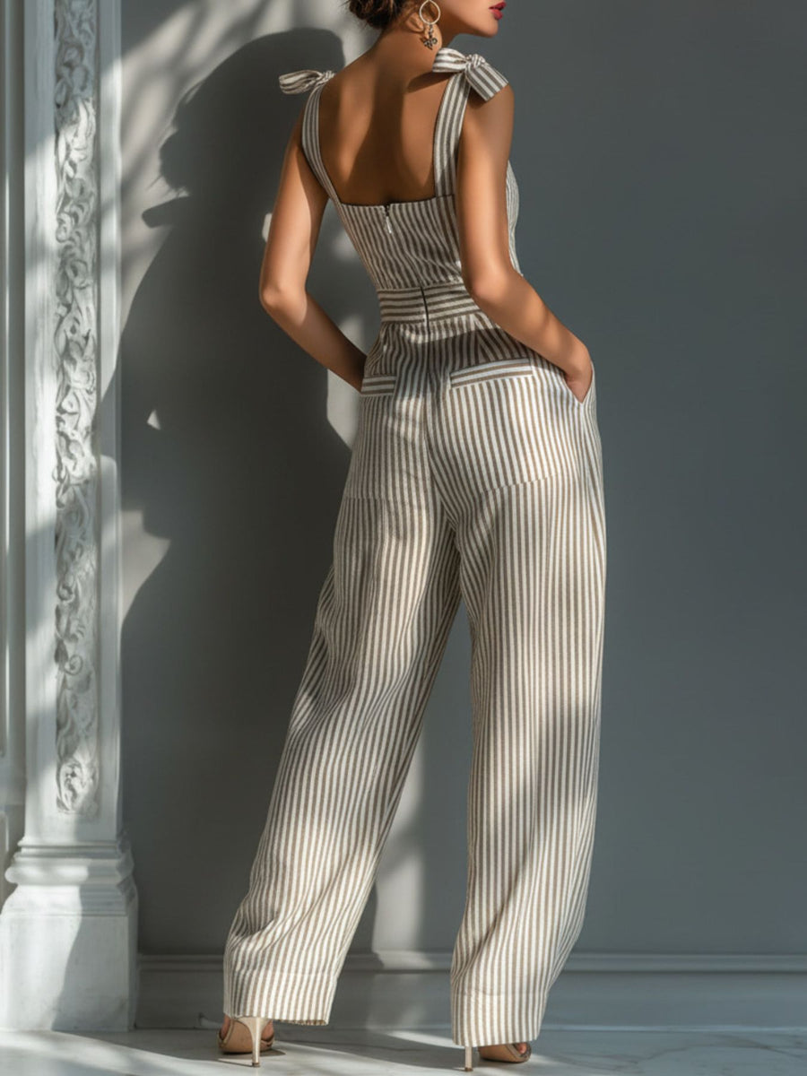 olive green jumpsuit featuring pocketed and striped