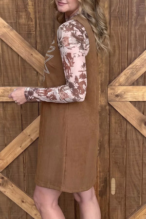 Geometric Embroidery Sleeveless Corduroy Shift Dress in Brown