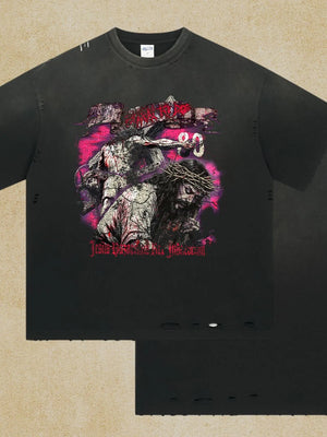 Black oversized ripped graphic tee with Jesus crucifixion print and distressed details.