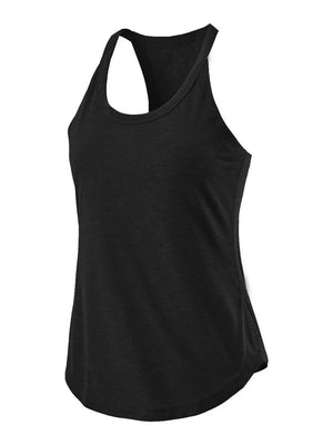 Black racerback tank top with a curved hem