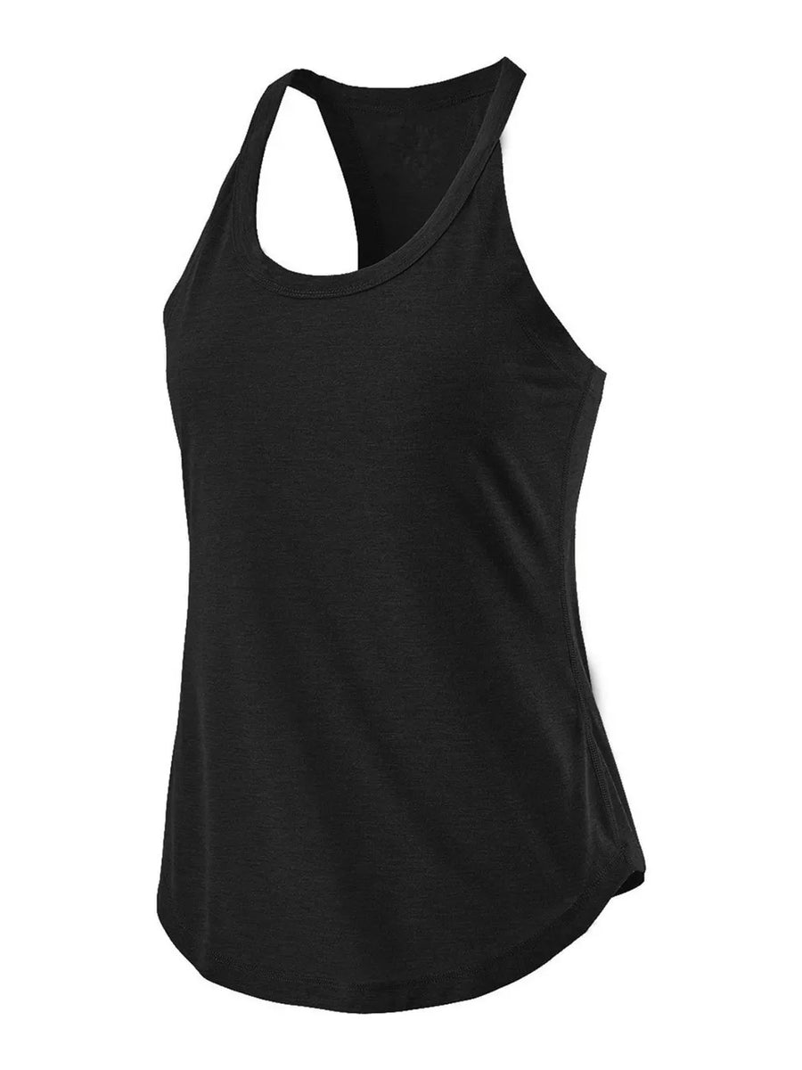 Black racerback tank top with a curved hem