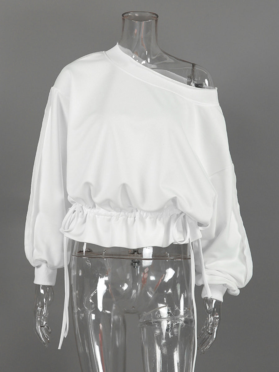 White relaxed sweatshirt with one-shoulder