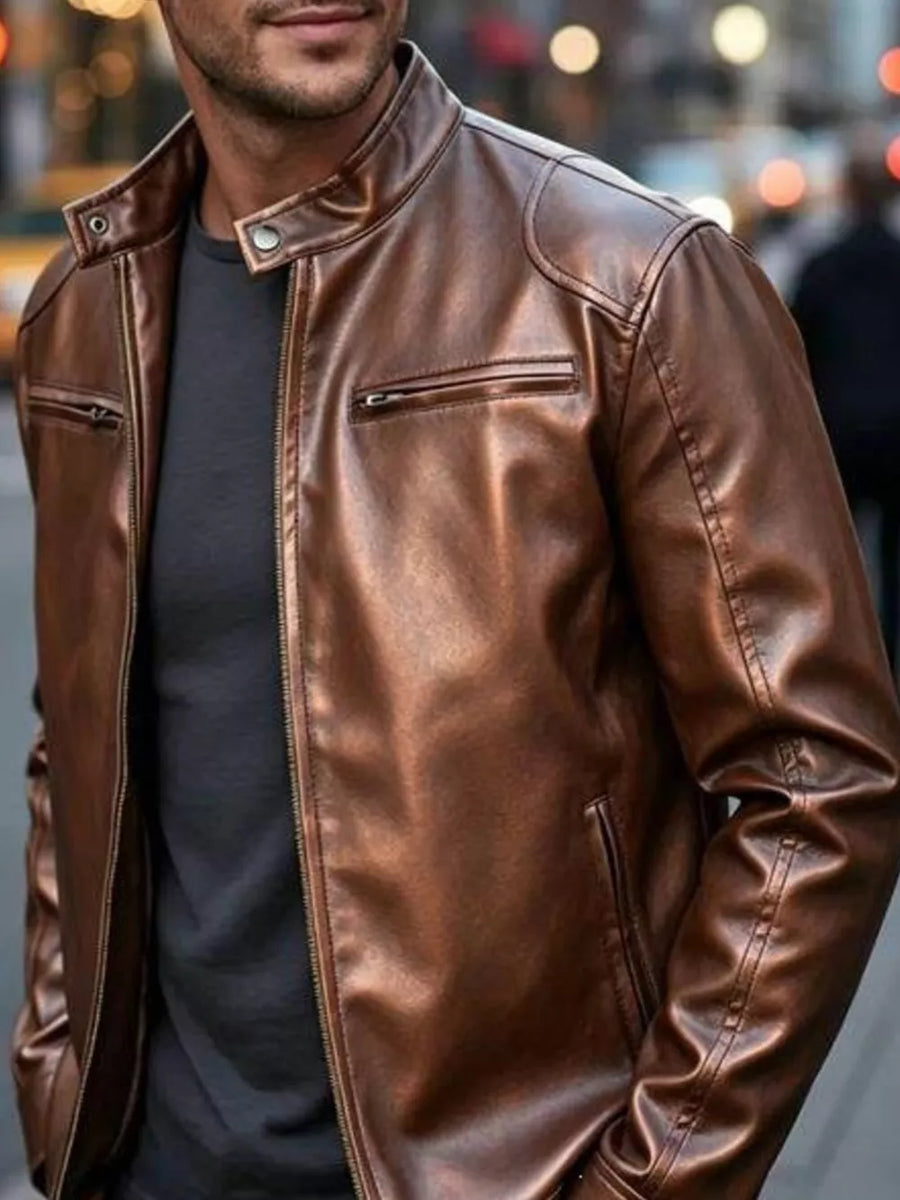 Men's Full Size Faux Leather Bomber Jacket in Yellow