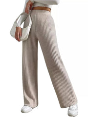 Beige wide-leg pants featuring ribbed and ribbed