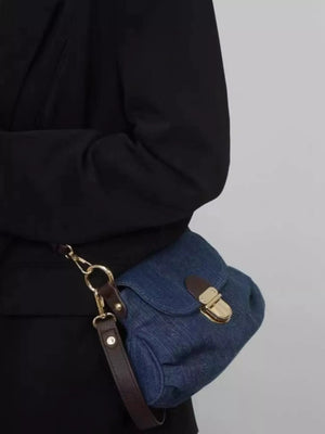 Mini denim shoulder bag with flap and gold clasp