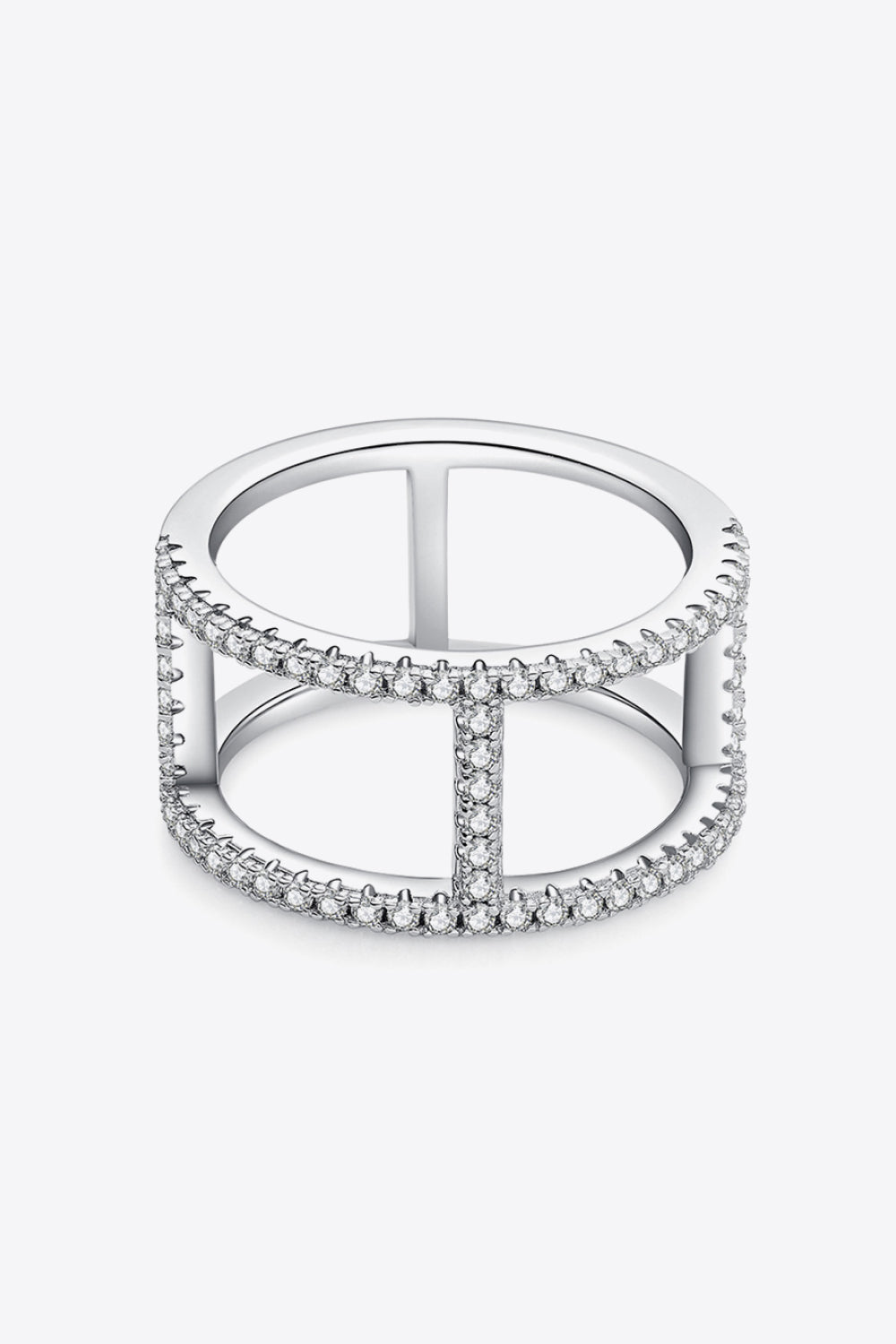 Silver geometric pave moissanite statement ring with open design and sparkling stones.