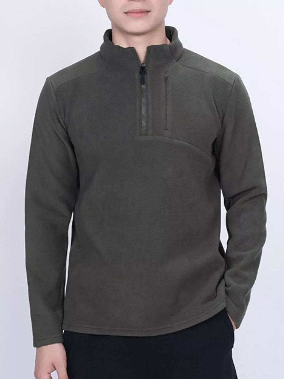 Men's Army Green Quarter-Zip Fleece Sweatshirt with zippered chest pocket.